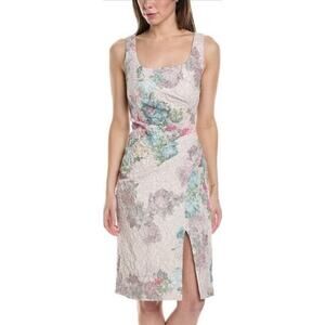 Adrianna Papell Womens Sheath Dress 2 Beige Floral Ruched Crinkle Cocktail Party